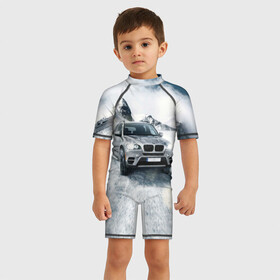 Детский купальный костюм 3D с принтом BMW X5 в Кировске, Полиэстер 85%, Спандекс 15% | застежка на молнии на спине | auto | race | авто | автомобиль | бмв | бумер | бэха | гонки | марка | машина