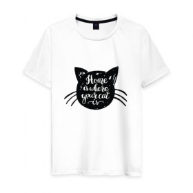 Мужская футболка хлопок с принтом Home is where your cat в Кировске, 100% хлопок | прямой крой, круглый вырез горловины, длина до линии бедер, слегка спущенное плечо. | 