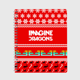 Тетрадь с принтом Праздничный Imagine Dragons в Кировске, 100% бумага | 48 листов, плотность листов — 60 г/м2, плотность картонной обложки — 250 г/м2. Листы скреплены сбоку удобной пружинной спиралью. Уголки страниц и обложки скругленные. Цвет линий — светло-серый
 | dragons | imagine | альтернативный | американская | арена | бэн макки | группа | драгонс | дэн | дэн рейнольдс | знак | имеджин | инди | индирок | красный | надпись | новогодний | новый год | поп | праздник