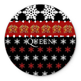 Коврик для мышки круглый с принтом Праздничный Queen в Кировске, резина и полиэстер | круглая форма, изображение наносится на всю лицевую часть | paul rodg | queen | quen | брайан мэй | глэм | группа | джон дикон | знак | квин | королева | красный | куин | меркури | меркьюри | мэркури | надпись | новогодний | новый год | поп | праздник | роджер тейлор