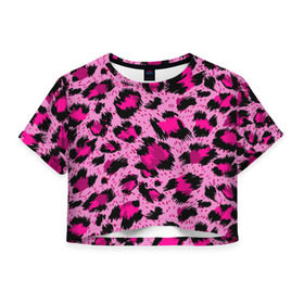 Женская футболка 3D укороченная с принтом Розовый леопард в Кировске, 100% полиэстер | круглая горловина, длина футболки до линии талии, рукава с отворотами | гепард | леопард