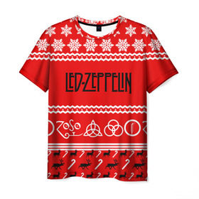 Мужская футболка 3D с принтом Праздничный Led Zeppelin в Кировске, 100% полиэфир | прямой крой, круглый вырез горловины, длина до линии бедер | Тематика изображения на принте: led zeppelin | блюз | группа | джимми пейдж | джон генри бонэм | джон пол джонс | знак | красный | лед зепелен | лед зеппелин | метал | надпись | новогодний | новый год | праздник | роберт плант | рождество