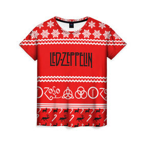 Женская футболка 3D с принтом Праздничный Led Zeppelin в Кировске, 100% полиэфир ( синтетическое хлопкоподобное полотно) | прямой крой, круглый вырез горловины, длина до линии бедер | led zeppelin | блюз | группа | джимми пейдж | джон генри бонэм | джон пол джонс | знак | красный | лед зепелен | лед зеппелин | метал | надпись | новогодний | новый год | праздник | роберт плант | рождество