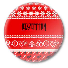 Значок с принтом Праздничный Led Zeppelin в Кировске,  металл | круглая форма, металлическая застежка в виде булавки | led zeppelin | блюз | группа | джимми пейдж | джон генри бонэм | джон пол джонс | знак | красный | лед зепелен | лед зеппелин | метал | надпись | новогодний | новый год | праздник | роберт плант | рождество
