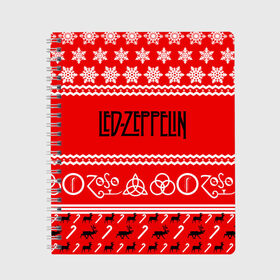 Тетрадь с принтом Праздничный Led Zeppelin в Кировске, 100% бумага | 48 листов, плотность листов — 60 г/м2, плотность картонной обложки — 250 г/м2. Листы скреплены сбоку удобной пружинной спиралью. Уголки страниц и обложки скругленные. Цвет линий — светло-серый
 | led zeppelin | блюз | группа | джимми пейдж | джон генри бонэм | джон пол джонс | знак | красный | лед зепелен | лед зеппелин | метал | надпись | новогодний | новый год | праздник | роберт плант | рождество