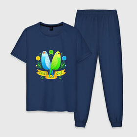 Мужская пижама хлопок с принтом Попугаи арт в Кировске, 100% хлопок | брюки и футболка прямого кроя, без карманов, на брюках мягкая резинка на поясе и по низу штанин
 | волнистый попугай | джунгли | попугай