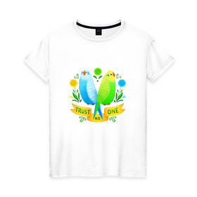 Женская футболка хлопок с принтом Попугаи арт в Кировске, 100% хлопок | прямой крой, круглый вырез горловины, длина до линии бедер, слегка спущенное плечо | волнистый попугай | джунгли | попугай