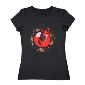 Женская футболка хлопок с принтом Лиса в Кировске, 100% хлопок | прямой крой, круглый вырез горловины, длина до линии бедер, слегка спущенное плечо | лиса | осень