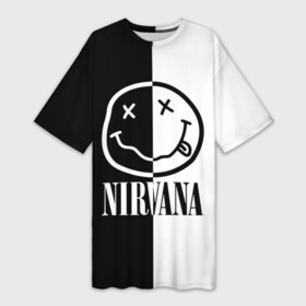 Платье-футболка 3D с принтом Nirvana в Кировске,  |  | cobain | kurt | nirvana | альтернативный | гранж | грол | группа | дональд | кобейн | курт | музыка | музыкант | надпись | нервана | нирвана | новоселич | певец | рок | смайл | смайлик | солист | язык