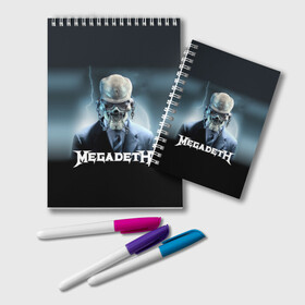 Блокнот с принтом Megadeth в Кировске, 100% бумага | 48 листов, плотность листов — 60 г/м2, плотность картонной обложки — 250 г/м2. Листы скреплены удобной пружинной спиралью. Цвет линий — светло-серый
 | Тематика изображения на принте: megadeth |   megadet | группа | дирк вербурен | дэвид эллефсон | дэйв мастейн | кико лоурейро | мегадет | мегадетх | метал | рок | трэш | трэшметал | тяжелый | хард | хардрок | хеви | хевиметал