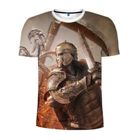 Мужская футболка 3D спортивная с принтом For Honor в Кировске, 100% полиэстер с улучшенными характеристиками | приталенный силуэт, круглая горловина, широкие плечи, сужается к линии бедра | Тематика изображения на принте: воин | меч | оружия | солдат | шлем