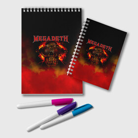 Блокнот с принтом Megadeth в Кировске, 100% бумага | 48 листов, плотность листов — 60 г/м2, плотность картонной обложки — 250 г/м2. Листы скреплены удобной пружинной спиралью. Цвет линий — светло-серый
 | megadet | megadeth | группа | дирк вербурен | дэвид эллефсон | дэйв мастейн | кико лоурейро | мегадет | мегадетх | метал | рок | трэш | трэшметал | тяжелый | хард | хардрок | хеви | хевиметал