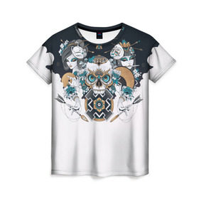 Женская футболка 3D с принтом SKULL JAPAN в Кировске, 100% полиэфир ( синтетическое хлопкоподобное полотно) | прямой крой, круглый вырез горловины, длина до линии бедер | arrow | skull | белый | девушка | линии | маски.кот | модные | небо | облако | синий | скелет | стимпанк | стрелы | череп | яркие