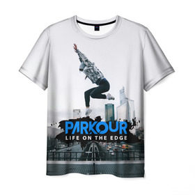 Мужская футболка 3D с принтом parkour в Кировске, 100% полиэфир | прямой крой, круглый вырез горловины, длина до линии бедер | extreme | jumping | parkour | speed | urban | опасность | паркур | прыжки | риск | скорость | экстрим