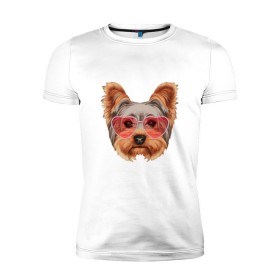Мужская футболка премиум с принтом Йоркширский терьер в очках сердечках в Кировске, 92% хлопок, 8% лайкра | приталенный силуэт, круглый вырез ворота, длина до линии бедра, короткий рукав | домашние животные | пес | собака | терьер