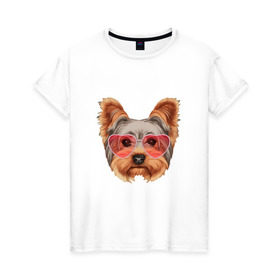 Женская футболка хлопок с принтом Йоркширский терьер в очках сердечках в Кировске, 100% хлопок | прямой крой, круглый вырез горловины, длина до линии бедер, слегка спущенное плечо | домашние животные | пес | собака | терьер