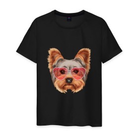 Мужская футболка хлопок с принтом Йоркширский терьер в очках сердечках в Кировске, 100% хлопок | прямой крой, круглый вырез горловины, длина до линии бедер, слегка спущенное плечо. | домашние животные | пес | собака | терьер