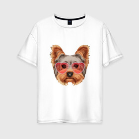 Женская футболка хлопок Oversize с принтом Йоркширский терьер в очках сердечках в Кировске, 100% хлопок | свободный крой, круглый ворот, спущенный рукав, длина до линии бедер
 | домашние животные | пес | собака | терьер
