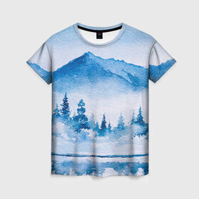 Женская футболка 3D с принтом Зимний пейзаж в Кировске, 100% полиэфир ( синтетическое хлопкоподобное полотно) | прямой крой, круглый вырез горловины, длина до линии бедер | арт | елки | зима | картина | краски | лес | пейзаж | природа