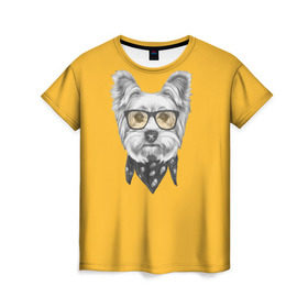 Женская футболка 3D с принтом Йоркширский терьер_в очках в Кировске, 100% полиэфир ( синтетическое хлопкоподобное полотно) | прямой крой, круглый вырез горловины, длина до линии бедер | домашние животные | пес | собака | терьер