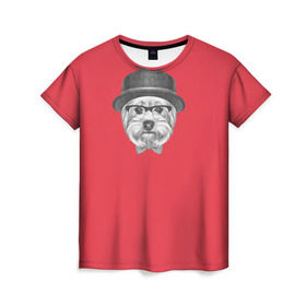 Женская футболка 3D с принтом Йоркширский терьер в шляпе в Кировске, 100% полиэфир ( синтетическое хлопкоподобное полотно) | прямой крой, круглый вырез горловины, длина до линии бедер | домашние животные | пес | собака | терьер