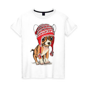 Женская футболка хлопок с принтом Чихуахуа в шапочке в Кировске, 100% хлопок | прямой крой, круглый вырез горловины, длина до линии бедер, слегка спущенное плечо | домашние животные | пес | песик | собака | собачка | чихуахуа
