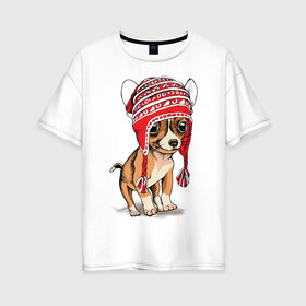 Женская футболка хлопок Oversize с принтом Чихуахуа в шапочке в Кировске, 100% хлопок | свободный крой, круглый ворот, спущенный рукав, длина до линии бедер
 | домашние животные | пес | песик | собака | собачка | чихуахуа