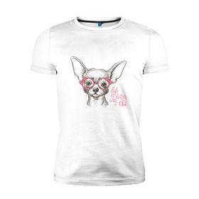Мужская футболка премиум с принтом Чихуахуа в розовых очках в Кировске, 92% хлопок, 8% лайкра | приталенный силуэт, круглый вырез ворота, длина до линии бедра, короткий рукав | домашние животные | пес | собака