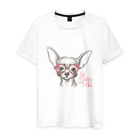 Мужская футболка хлопок с принтом Чихуахуа в розовых очках в Кировске, 100% хлопок | прямой крой, круглый вырез горловины, длина до линии бедер, слегка спущенное плечо. | домашние животные | пес | собака