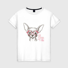 Женская футболка хлопок с принтом Чихуахуа в розовых очках в Кировске, 100% хлопок | прямой крой, круглый вырез горловины, длина до линии бедер, слегка спущенное плечо | домашние животные | пес | собака