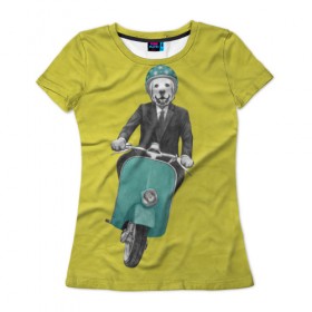 Женская футболка 3D с принтом Лабрадор на мотороллере в Кировске, 100% полиэфир ( синтетическое хлопкоподобное полотно) | прямой крой, круглый вырез горловины, длина до линии бедер | 