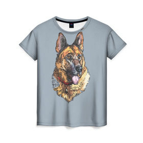Женская футболка 3D с принтом Немецкая овчарка арт в Кировске, 100% полиэфир ( синтетическое хлопкоподобное полотно) | прямой крой, круглый вырез горловины, длина до линии бедер | домашние животные | овчарка | пес | собака