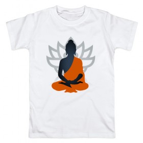 Мужская футболка хлопок с принтом Лотос и Будда в Кировске, 100% хлопок | прямой крой, круглый вырез горловины, длина до линии бедер, слегка спущенное плечо. | будда | буддизм | лотос | оранжевый | символ | цветок
