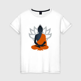 Женская футболка хлопок с принтом Лотос и Будда в Кировске, 100% хлопок | прямой крой, круглый вырез горловины, длина до линии бедер, слегка спущенное плечо | будда | буддизм | лотос | оранжевый | символ | цветок