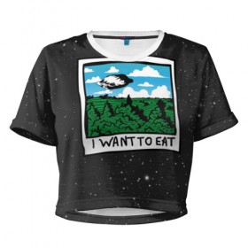 Женская футболка 3D укороченная с принтом I want to eat в Кировске, 100% полиэстер | круглая горловина, длина футболки до линии талии, рукава с отворотами | арт | еда | лес | нло | облака | пельмени | пельмень | поля | тесто