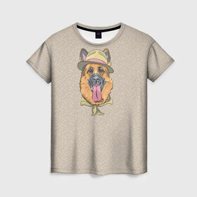 Женская футболка 3D с принтом Немецкая овчарка в шляпке в Кировске, 100% полиэфир ( синтетическое хлопкоподобное полотно) | прямой крой, круглый вырез горловины, длина до линии бедер | домашние животные | овчарка | пес | собака