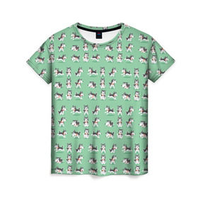Женская футболка 3D с принтом Веселые хаски в Кировске, 100% полиэфир ( синтетическое хлопкоподобное полотно) | прямой крой, круглый вырез горловины, длина до линии бедер | домашние животные | пес | песик | собака | собачка | хаски