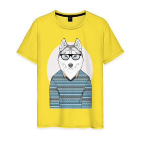 Мужская футболка хлопок с принтом Хаски в свитере в Кировске, 100% хлопок | прямой крой, круглый вырез горловины, длина до линии бедер, слегка спущенное плечо. | домашние животные | пес | песик | собака | собачка | хаски