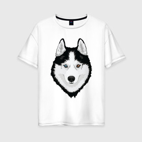 Женская футболка хлопок Oversize с принтом Хаски с разными глазами в Кировске, 100% хлопок | свободный крой, круглый ворот, спущенный рукав, длина до линии бедер
 | домашние животные | пес | собака