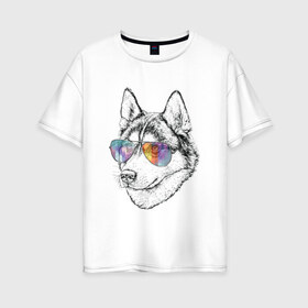 Женская футболка хлопок Oversize с принтом Хаски в очках в Кировске, 100% хлопок | свободный крой, круглый ворот, спущенный рукав, длина до линии бедер
 | бандит | домашние животные | пес | песик | собака | собачка | хаски | хаски бандит