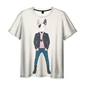 Мужская футболка 3D с принтом Бультерьер в косухе в Кировске, 100% полиэфир | прямой крой, круглый вырез горловины, длина до линии бедер | домашние животные | пес | собака