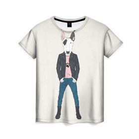 Женская футболка 3D с принтом Бультерьер в косухе в Кировске, 100% полиэфир ( синтетическое хлопкоподобное полотно) | прямой крой, круглый вырез горловины, длина до линии бедер | домашние животные | пес | собака