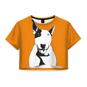 Женская футболка 3D укороченная с принтом Солнечнй бультерьер в Кировске, 100% полиэстер | круглая горловина, длина футболки до линии талии, рукава с отворотами | Тематика изображения на принте: бультерьер | домашние животные | пес | песик | собака | собачка