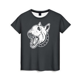 Женская футболка 3D с принтом Опасный бультерьер в Кировске, 100% полиэфир ( синтетическое хлопкоподобное полотно) | прямой крой, круглый вырез горловины, длина до линии бедер | Тематика изображения на принте: домашние животные | пес | собака