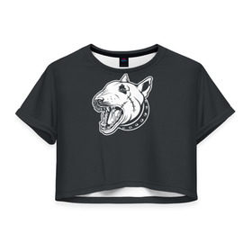 Женская футболка 3D укороченная с принтом Опасный бультерьер в Кировске, 100% полиэстер | круглая горловина, длина футболки до линии талии, рукава с отворотами | домашние животные | пес | собака