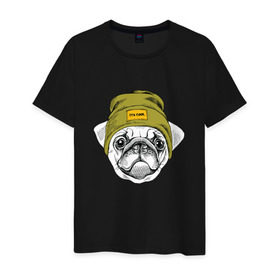 Мужская футболка хлопок с принтом Мопсик в шапочке в Кировске, 100% хлопок | прямой крой, круглый вырез горловины, длина до линии бедер, слегка спущенное плечо. | домашние животные | пес | собака | хипстер