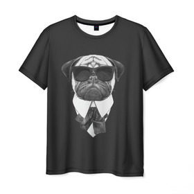 Мужская футболка 3D с принтом Мопс в черном в Кировске, 100% полиэфир | прямой крой, круглый вырез горловины, длина до линии бедер | домашние животные | мопс | пес | песик | собака | собачка