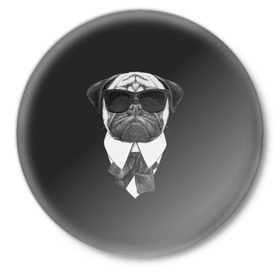 Значок с принтом Мопс в черном в Кировске,  металл | круглая форма, металлическая застежка в виде булавки | домашние животные | мопс | пес | песик | собака | собачка