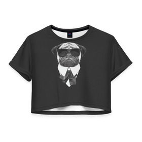 Женская футболка 3D укороченная с принтом Мопс в черном в Кировске, 100% полиэстер | круглая горловина, длина футболки до линии талии, рукава с отворотами | домашние животные | мопс | пес | песик | собака | собачка