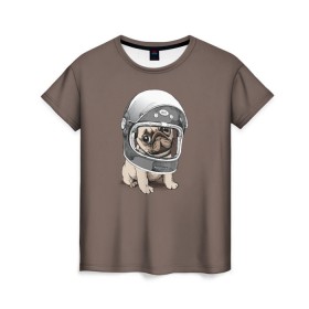 Женская футболка 3D с принтом Мопсик в скафандре в Кировске, 100% полиэфир ( синтетическое хлопкоподобное полотно) | прямой крой, круглый вырез горловины, длина до линии бедер | домашние животные | мопс | пес | песик | собака | собачка